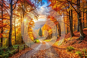 Panoramic Autumn Landscape with Forest Path