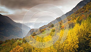 Panoramic autumn view of the Bregaglia Valley