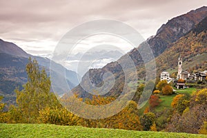 Panoramic autumn view of the Bregaglia Valley