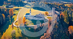 Panoramic autumn view from flying drone of Kapelle Cappella di castel Lamberto castel.