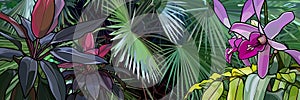 Panoramic background of dense vegetation with beautiful tropical plants