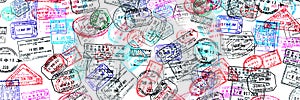 Panoramic background of passport stamps visas travel concept web banner