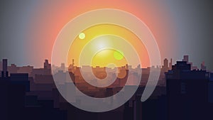 Panoramic background of the silhouette city in the rays of the sun