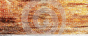 Panoramic background of wide old red brick wall texture. Home or office design backdrop