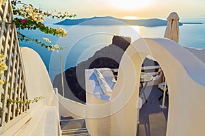 Panoramic balcony Santorini island Caldera sunset views Greece