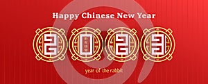 Panoramic banner 2023 Happy New Year. Golden numbers and an ornament on a red background. Translation from Chinese -