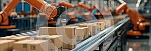 Panoramic banner of ai robot arm working in shipping warehouse with conveyor belt full of cartboard box parcels