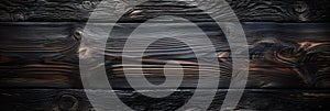 Panoramic banner of burned wood texture, charred black timber background. Abstract pattern of dark burnt scorched tree. Concept of