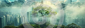 Panoramic banner of city skyline overlayed with green nature forest