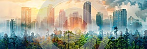 Panoramic banner of city skyline overlayed with green nature forest