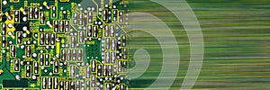 Panoramic banner Green printed circuit board PCB with chip texture or background. Electronic embedded system design. Minimal