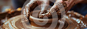 Panoramic banner of hands molding clay pot on potter wheel turning