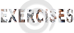 Panoramic banner. Happy young and sporty woman doing sport exercises at gym with an overlay of the word EXERCISES