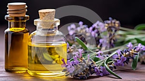 Panoramic banner or header of fresh purple lavender with flacons of essential oil for aromatherapy.