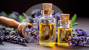 Panoramic banner or header of fresh purple lavender with flacons of essential oil for aromatherapy.