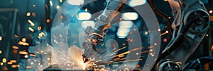 Panoramic banner of industrial robot arm head welding and cutting with laser in manufacturing factory
