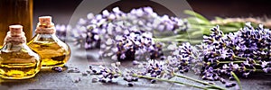 Panoramic banner of lavender with essential oil photo