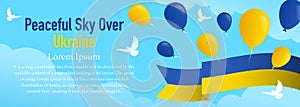 Panoramic banner, Peaceful sky over Ukraine. copy space for text. White doves and balloons against the blue sky