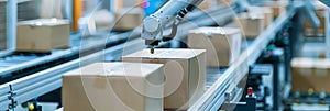 Panoramic banner of robot arm in industrial warehouse packing station shipping cartboard box