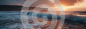 Panoramic banner of rough ocean waves hitting cliff rock on shoreline at sunrise