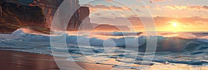 Panoramic banner of rough ocean waves hitting cliff rock on shoreline at sunrise