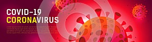 Panoramic banner on the theme of Coronovirus, Covid 19 worldwide. Red sign of coronavirus. Template with place for your text. Vect