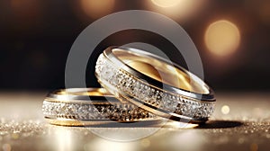 Panoramic banner of two upright wedding bands symbolic of love and romance on a glitter background
