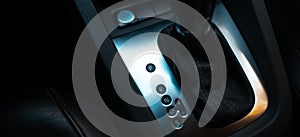 Panoramic banner view of automatic gearbox selector in parking mode, close-up.