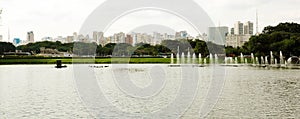 Panoramic banner view of Ibirapuera Park with Sao Paulo cityscape, Brazil