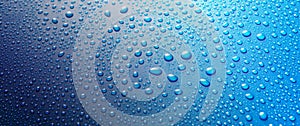 Panoramic banner of water drops on blue metal