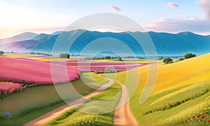 Panoramic banner with wild multicolored flower field in mountains on a green meadow, panorama illustration. Spring rural