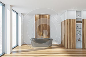 Panoramic bathroom: wooden coatings, dark beige bathtub, white walls