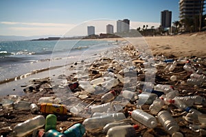 Panoramic of a beach and in the foreground a pile of garbage and plastics