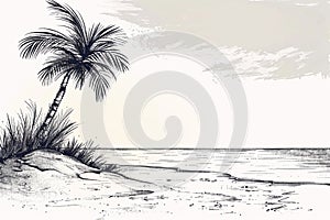 Panoramic beach view. illustration of seaside promenade with palm Black and white drawing.