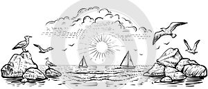 Panoramic beach view with seagulls and boats. Vector sea sketch.