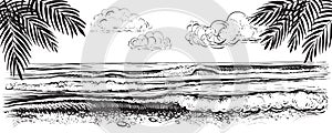 Panoramic beach view. Vector illustration of ocean or sea waves. Hand drawn.