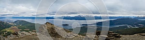 Panoramic of the Beagle Channel and Ushuaia in the lef