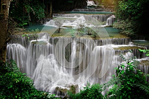 Panoramic beautiful deep forest waterfall at environment with flowing fresh nature outdoor in Thailand ,Natural light/Concept