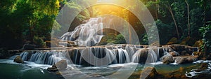 Panoramic beautiful deep forest waterfall in Thailand