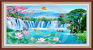 Panoramic beautiful deep forest waterfall in Thailand