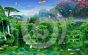 Panoramic beautiful deep forest waterfall in Thailand