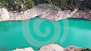 Panoramic beautiful vertiginous impressive aerial view of Montrebei gorge over Canelles reservoir