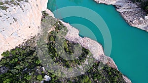 Panoramic beautiful vertiginous impressive aerial view of Montrebei gorge over Canelles reservoir