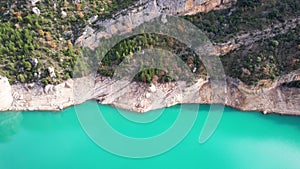 Panoramic beautiful vertiginous impressive aerial view of Montrebei gorge over Canelles reservoir