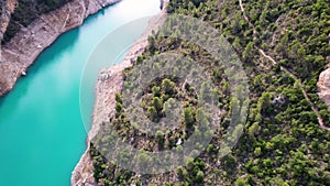 Panoramic beautiful vertiginous impressive aerial view of Montrebei gorge over Canelles reservoir