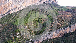 Panoramic beautiful vertiginous impressive aerial view of Montrebei gorge over Canelles reservoir