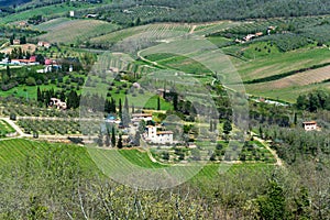 Panoramic beautiful view of residential areas Radda in Chianti province of Siena, Tuscany, Italy.