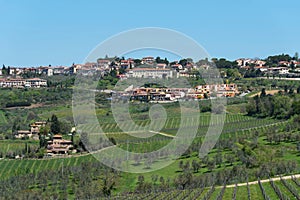 Panoramic beautiful view of residential areas Radda in Chianti province of Siena, Tuscany, Italy.
