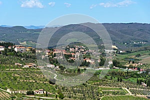 Panoramic beautiful view of residential areas Radda in Chianti province of Siena, Tuscany, Italy.
