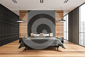 Panoramic bedroom near wall partition with black details and wooden materials